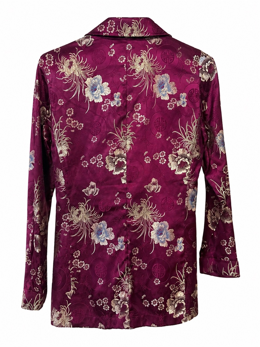 Vintage Chico's Floral Satin Blazer in Burgundy with Cream & Light Blue Accents - Picture 3 of 4